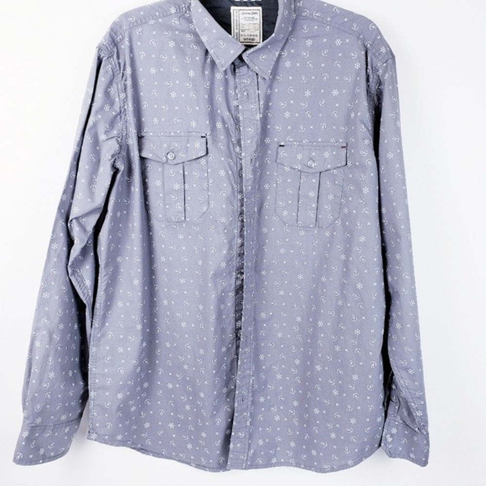ALEXANDER JULIAN  Men's Nautical Cotton‎ Grey Anchor Button Down Shirt Size XL